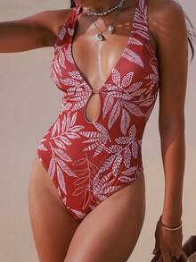 Swim Vcay Women's Elegant Tropical Leaf Print Deep V-Neck Backless Jumpsuit In Red-Brown - Multicolor - View 5