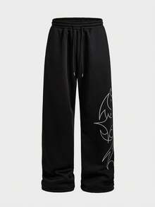 AXEPEAK 男士休闲时尚街头日常通勤抽绳腰带交叉印花宽松阔腿运动裤 - 黑色 - 查看 3