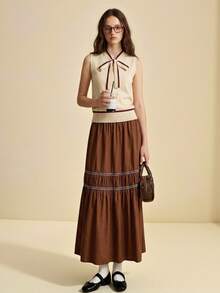 Spring/Summer New Brown Adjustable Elastic Waist Ruched Layered A-Line Skirt, Retro College Style For Commuting - Rust Brown - View 4
