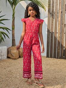 Sparklyn 女童休闲度假连体裤，夏季穿搭，柔软时尚设计，适合度假、旅行、校园及日常穿着。 - 酒紅色 - 查看 3