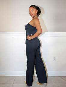 Steph T Women Halter Suit Set, Business Attire For Office In Fall/Winter Elegant Blue - Navy Blue - View 6