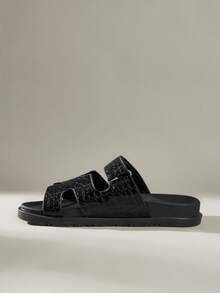 HighSole 女款扣環設計休閒厚底涼鞋，適合日常穿著，聖誕節百搭款 - 純黑色 - 查看 3