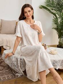 SHEIN Bubble Wrinkle Print Ruffle Hem Long Nightgown For Women - Apricot - View 1