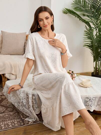 SHEIN Bubble Wrinkle Print Ruffle Hem Long Nightgown For Women