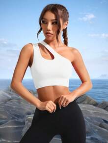 SHEIN Velisys 2件装无缝纯色罗纹针织女士运动文胸，中等支撑单肩镂空运动文胸 - 彩色 - 查看 5
