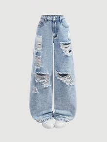 SHEIN 少女蓝色破洞宽松牛仔裤 - 淺色水洗藍 - 查看 1