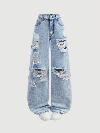SHEIN 少女蓝色破洞宽松牛仔裤