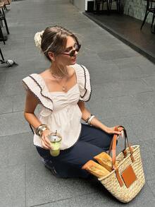 Serisse 女士纯色甜心领荷叶袖时尚衬衫 - 杏色 - 查看 7