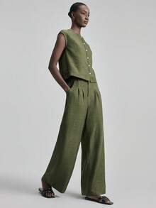 Ontre 2026SS New Arrival Spring/Summer Women's 2-Piece Set, Military Green, V-Neck Sleeveless Blouse & Relaxed Fit Pants, Comfortable Woven Fabric, Modern Urban Chic Business Casual Office Wear - Army Green - View 5