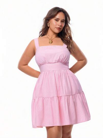 Solavibe Plus Size Striped Print Ruffle Hem Casual Sleeveless Dress, Summer Outfits, Summer Clothes, Spring Outfit Women ,Spring Dress Women , Beach Vacation Outfits For Women, Going Out Outfits ,Birthday Dress, Holiday Outfits, Pink Dress ,Casual Dresses For Women