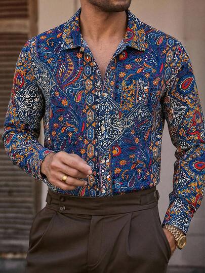 HIMLAND Men's Casual Woven Water Print Paisley Pattern Slim Fit Long Sleeve Shirt Silk Paisley Shirt Tapestry Shirt Boho Men Shirt Floral Shirts For Men Colorful Men Shirt