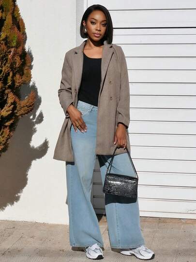 Yess Loren 女士翻领纽扣长袖时尚商务成熟人字形短款羊毛大衣带口袋冬季女装外套