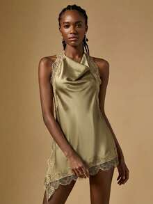 Briarwyn Atasan Halter Seksi Tanpa Punggung dengan Detail Renda Warna Polos untuk Wanita - Khaki - View 3