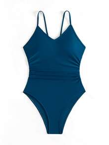 Swim Basics Áo tắm liền thân không lưng, cổ yếm, màu trơn dành cho nữ, thích hợp cho kỳ nghỉ biển. - Màu xanh ngọc - Xem 4