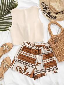 GlowEve 女士新款夏季沙滩度假及通勤休闲无袖短裤两件套，杏色 - 杏色 - 查看 2