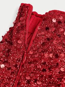 SHEIN 少女亮紅色短褲，節日穿搭，日常百搭，亮片厚實面料 - 紅色 - 查看 3
