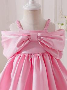 女宝宝优雅可爱粉色蝴蝶结吊带连衣裙，派对礼服 - 粉色 - 查看 4