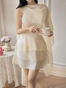 Modelyn Classic Elegant Sleeveless Shawl Collar Mini Dress For Women - Apricot - View 5