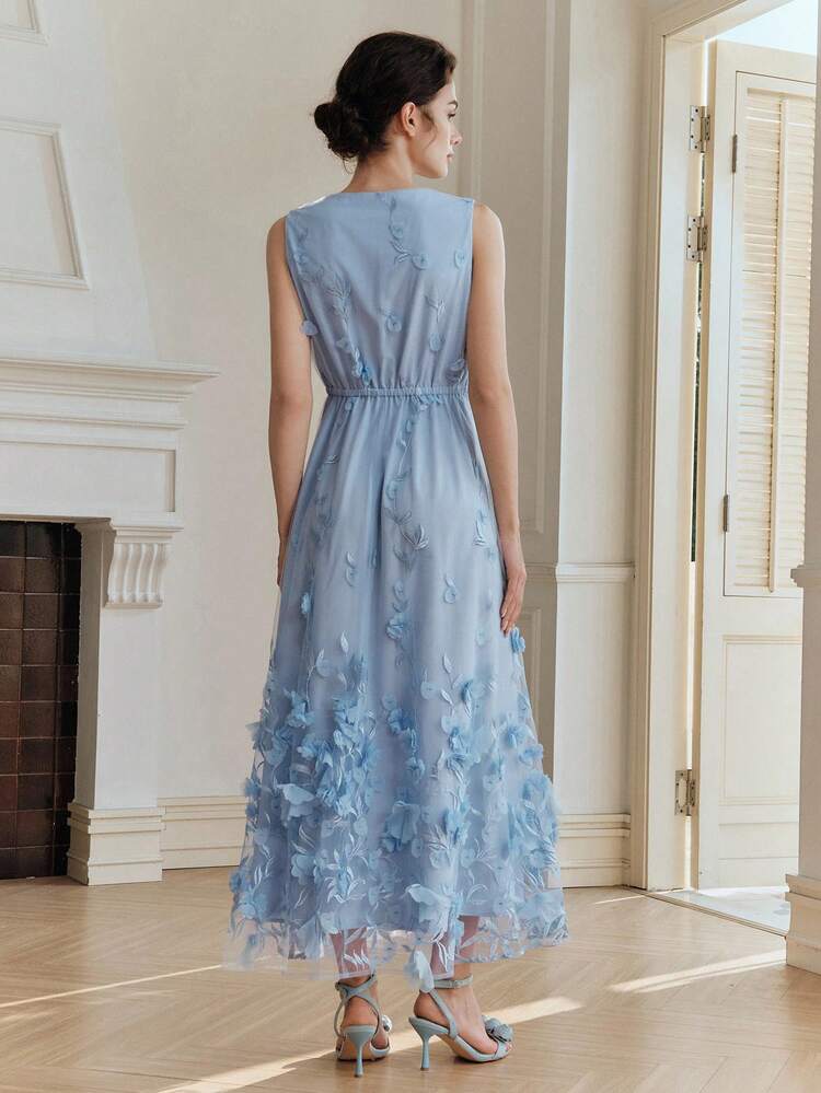 Romantic Vacation & Valentine's Day V-Neck Sleeveless Vine Embroidered Voluminous A-Line Dress For Women Blue Blue Flower Dress Floral Embroidered Dress Organza Dress Baby Blue Elegant Dress Flower Embellishment Dress