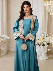 Al Najma 女士针织宽松落肩长袍连衣裙优雅套装 - 藍色 - 查看 6