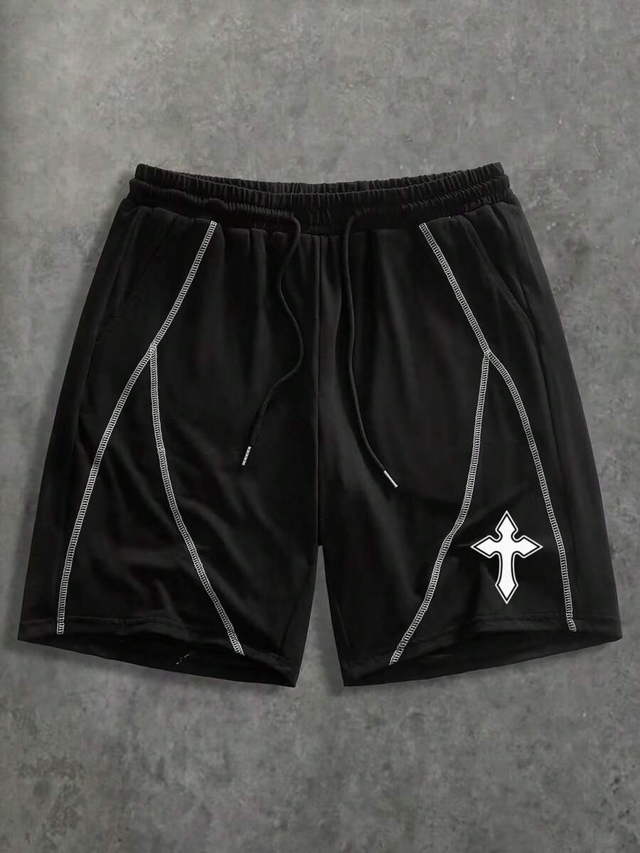 HIMLAND Quần short nam dáng casual, phối đường chỉ tương phản, cạp chun co giãn, dây rút, kiểu dáng thường ngày, in chữ "Niềm tin chiến thắng nỗi sợ hãi", quần short in hình Chúa Giê-su, quần short Cơ đốc giáo, quần short phong cách đường phố nam, quần short hình thánh giá.