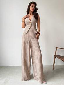 Firerie 女士优雅休闲时尚通勤都市现代度假波西米亚风舒适V领金属扣条纹背心和高腰卡其裤两件套 - 卡其色 - 查看 3