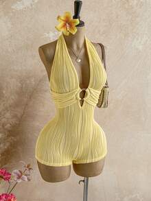 Soleia 女士白色纹理针织露背连体裤，饰有圆形圆环，优雅性感，适合万圣节、圣诞节、度假等场合。 - 鵝黃色 - 查看 7