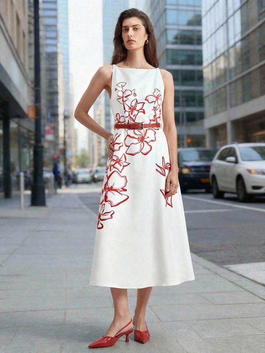 Ontre 2026新款春夏女式中长连衣裙，梭织面料，浪漫花卉印花，配腰带，时尚通勤，舒适简约，优雅 - 白色 - 查看 1