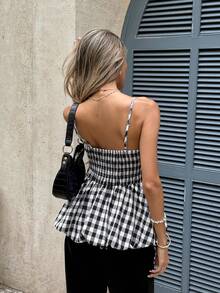 Serisse Gingham Square Neck Peplum Tank Top – Women's Sleeveless Plaid Camisole Summer  Cami  Women's Casual Plaid Camisole Top For Summer,Summer ,Spring,Festival,Party , Birthday,Beach,Vacation,Casual,Wedding,Graduation, Going Out, Elegant, - Apricot - View 2