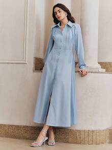 Vestido maxi azul claro de mujer con diseño hueco de cuerda de cuello de camisa de unicolor elegante y de línea A de Anewsta, nuevo y de moda - Azul - Ver 1