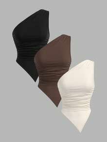 SHEIN PETITE 3pcs Women's Vacation Casual Asymmetric Hem Asymmetrical Shoulder Top, Summer 2 Pieces Set, Suitable For Back To School, Afternoon Tea, Casual, Beach Wedding Guest, Graduation Brunch, St. Patrick's Day, Spring Break, Easter, Music Festival, Elegant Boho Tropical, Brown, Black, Apricot - Multicolor - View 1