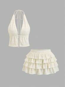 Sweetra Women's Summer New Fashion Versatile Textured Backless Camisole + Mini Skirt 2 Pieces Set - Apricot - View 1