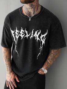 SLATEMANN 男士街头风-INS风水洗面料深色字母印花T恤，适合音乐节、夜店、男友/老公礼物、周年纪念礼物 - 黑色 - 查看 1