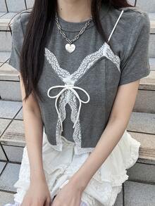 FRIFUL Women's Round Neck Fitted Lace Patchwork Bow Tie Decor Contrast Color Sweet T-Shirt - Grey - View 1