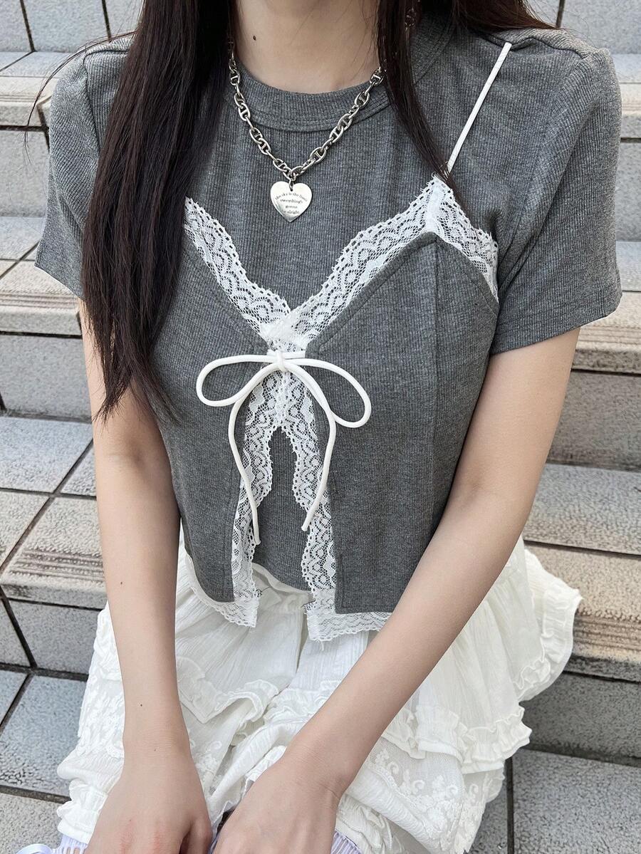 FRIFUL Women's Round Neck Fitted Lace Patchwork Bow Tie Decor Contrast Color Sweet T-Shirt - Grey - View 1