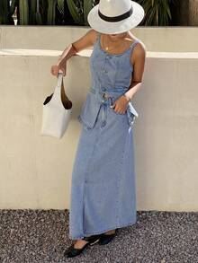 Livesso Spring & Summer Sleeveless Denim Vest Top, Casual Beach Vacation Style, Paired With Straight Cut High Slit Denim Skirt, Elegant Office/Commute 2-Piece Set For Women - Light Wash - View 2