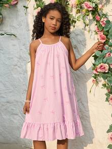 Sparklyn 女童休闲度假碎花条纹蝴蝶结连衣裙，柔软时尚的设计，百搭的夏季穿搭，适合度假、旅行、校园和日常穿着。 - 粉色 - 查看 5