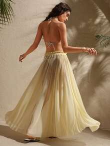 Swim Chiccia Yellow Mesh Fabric Comfortable Flared Skirt, Elegant Long Skirt - Yellow - View 2
