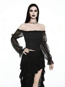 Glisette New Stylish Petal Sleeve Blouse, Sexy Off Shoulder Mesh Lace Patchwork Cinched Waist Women Top - Black - View 5