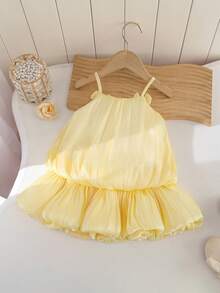 SHEIN Gaun Tanpa Lengan Motif Bunga Warna Kuning Pucat Lucu untuk Bayi Perempuan Musim Panas, Gaun Pesta Elegan Mengembang dengan Pita dan Hem Berumbai untuk Liburan - Kuning - View 8