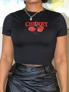 Steph T Casual Minimalist Cherry Print Crew Neck Short Sleeve Fitted Crop Top T-Shirt For Women, Summer Suitable For Going Out - Black - View 4