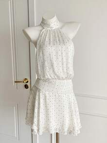 Comfortcana Women's Polka Dot Print Pleated Halter Elegant Sleeveless Mini Dress - Blue - View 6