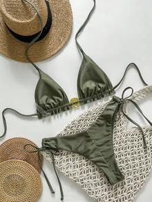Swim Chiccia Springbreak Women's Solid Color Spaghetti Strap Metal Shell Decor Side Tie Minimalist Bikini Set, Summer - Army Green - View 2