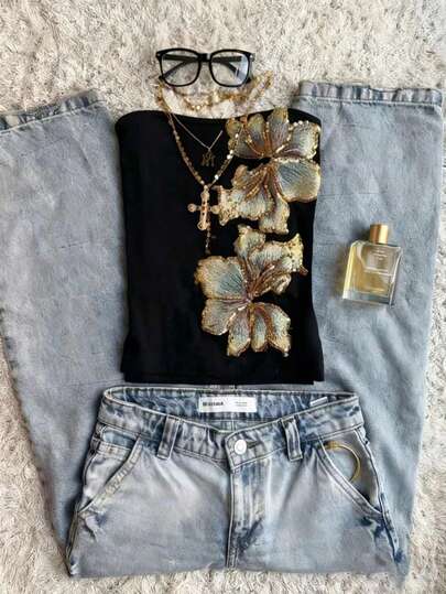 Glimmora Top corto sin mangas negro con bordado floral para mujer