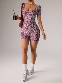 Dewbera Seamless Leopard Print Backless Women Sports Jumpsuit - Red and White - View 7