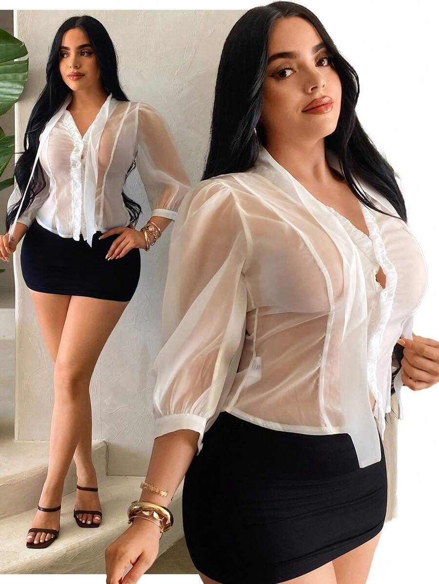 SHEIN SXY 沙滩网纱透视荷叶边下摆性感度假上衣，适合派对、夏季、春季、情人节、海滩、外出、度假等场合，网纱材质，透视效果，白色，透视衬衫，女士性感上衣，透视上衣，透视衬衫 - 白色 - 查看 1