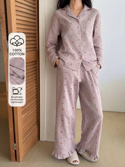 DAZY ชุดนอน 2 ชิ้น ลายดอกไม้น่ารัก เสื้อคาร์ดิแกนแขนยาวทรงหลวม และกางเกงขายาวทรงหลวมแต่งระบาย สำหรับผู้หญิง, ฤดูใบไม้ผลิ