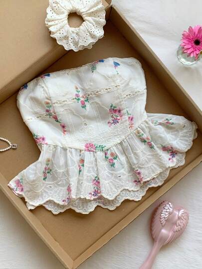 Comfortcana 女士夏季沙滩度假碎花刺绣荷叶边露背吊带上衣