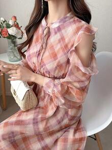 FRIFUL Women's Plaid Pink Collar Tie Bow Flared Hem Off-Shoulder Cinched Waist Casual Dress, Wedding Guest Dress Women Dress Sundress - Pink - View 4
