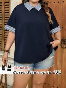 SHEIN CURVE+ Curve 尺码 US22 音乐节、海滨度假、波西米亚风女士撞色千鸟格翻领休闲宽松衬衫 - 藏蓝色 - 查看 7